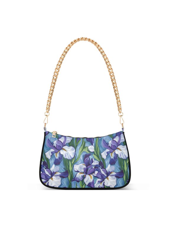Print Tote Bag for Women Iris Flower One Shoulder Bag Shoulder Handbags Chain Strap