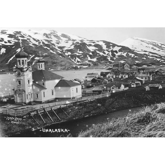 Print: Town And Mountain Scene, circa 1900