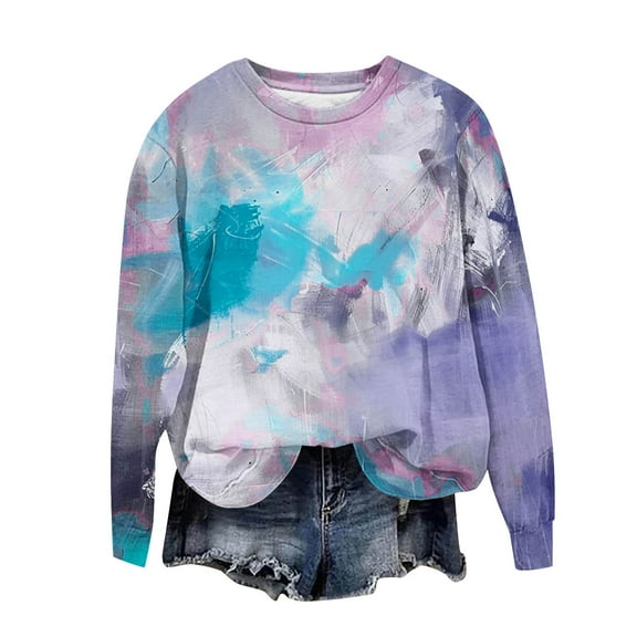 Print Trendy Sweatshirts for Women Long Sleeve Tie-dying Vintage Casual Tops Crew Neck Loose Pullover Fall Shirts(Multicolor XXL)