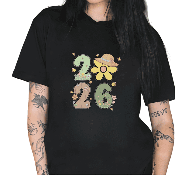 Print Tshirt Graphic Tees Shirts Happy New Year 2026 Flower Hat Bee Graphic Black S-5XL Tops