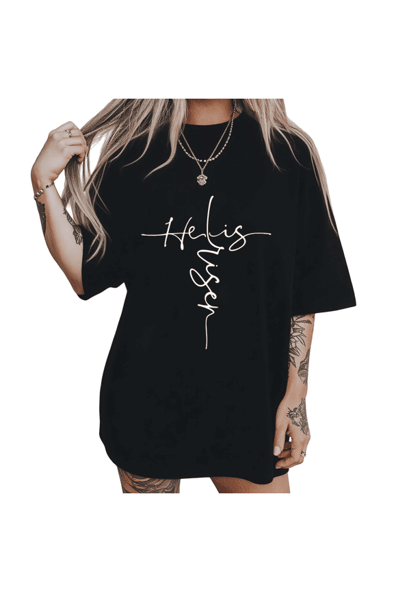Print Tshirt Vertical Script Resurrection Black S-5XL Christian Minimalist Easter Graphic Tees Shirts Tops