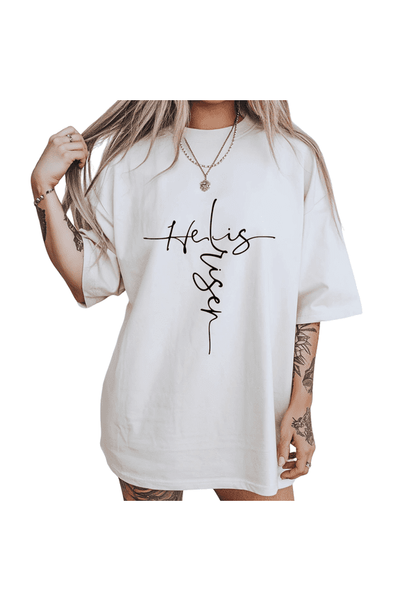 Print Tshirt Vertical Script Resurrection White S-5XL Christian Minimalist Easter Graphic Tees Shirts Tops