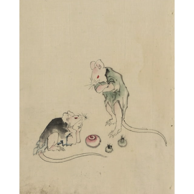 Print: Two Mice, One Lying On The Ground With Head Resting On Forepaws