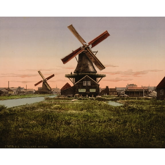 Print: Two Windmills, Holland, circa 1890