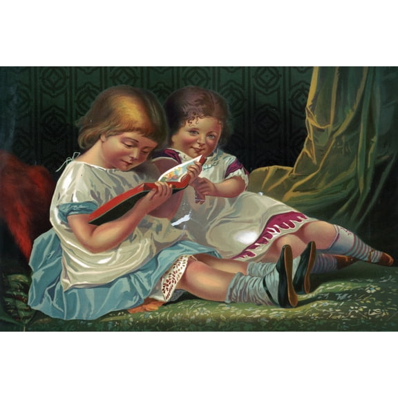 Print: Two Young Girls Reading Book, 1879