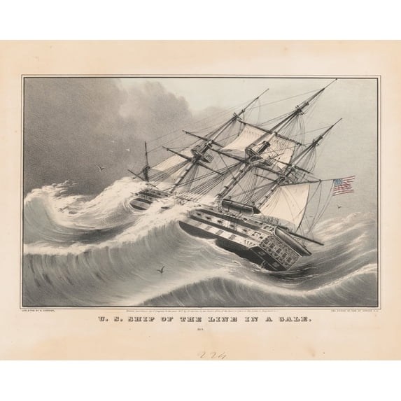 Print: U.S. Ship Of The Line In A Gale, 1847