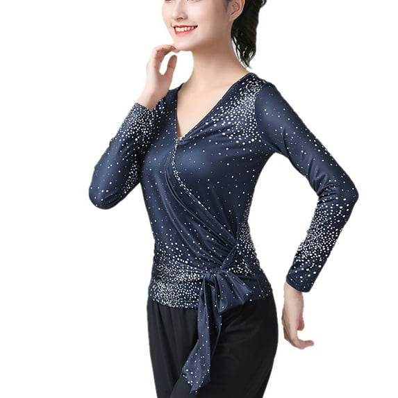 Print V Neck Long Sleeve Faux Wrap Tie Waist Latin Ballroom Dance Fitness Yoga Gym Ballroom Dancing Exercise Clothes women's Adult Ladies Blouse T Shirt Tops