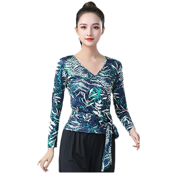 Print V Neck Long Sleeve Faux Wrap Tie Waist Latin Ballroom Dance Fitness Yoga Gym Latin Practice Clothes women's Adult Ladies Blouse T Shirt Tops