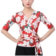 thumbnail image 1 of Print V Neck Sleeve Faux Wrap Tie Waist Latin Ballroom Mambo Merengue Bachata Foxtrot Quickstep Dance Practice Clothes women's Adult Ladies Blouse T Shirt Tops, 1 of 1