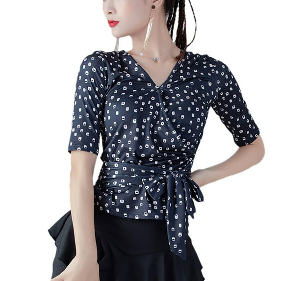 Print V Neck Sleeve Faux Wrap Tie Waist Latin Ballroom Mambo Merengue Bachata Foxtrot Quickstep Dance Practice Wear Latin women's Adult Ladies Blouse T Shirt Tops