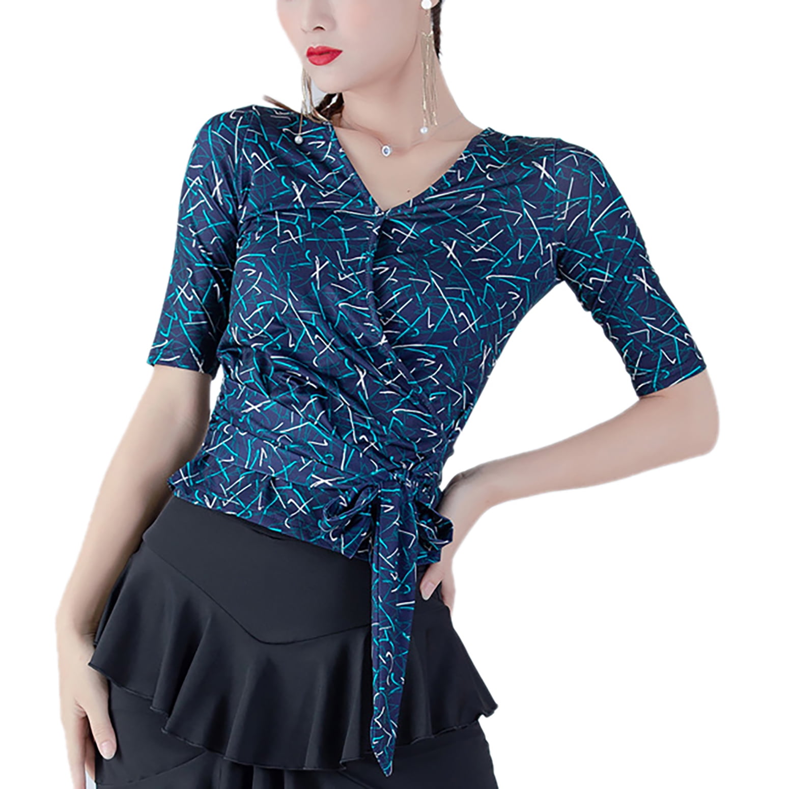 Print V Neck Sleeve Faux Wrap Tie Waist Latin Ballroom Mambo