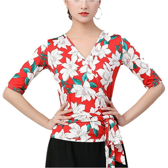 Print V Neck Sleeve Faux Wrap Tie Waist Latin Ballroom Mambo Merengue Bachata Foxtrot Quickstep Of Rumba Dance women's Adult Ladies Blouse T Shirt Tops