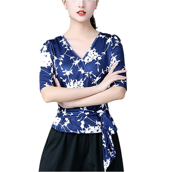 Print V Neck Sleeve Faux Wrap Tie Waist Latin Ballroom Salsa Waltz Tango Rumba Cha Cha Cha Pasodoble Rumba women's Adult Ladies Blouse T Shirt Tops