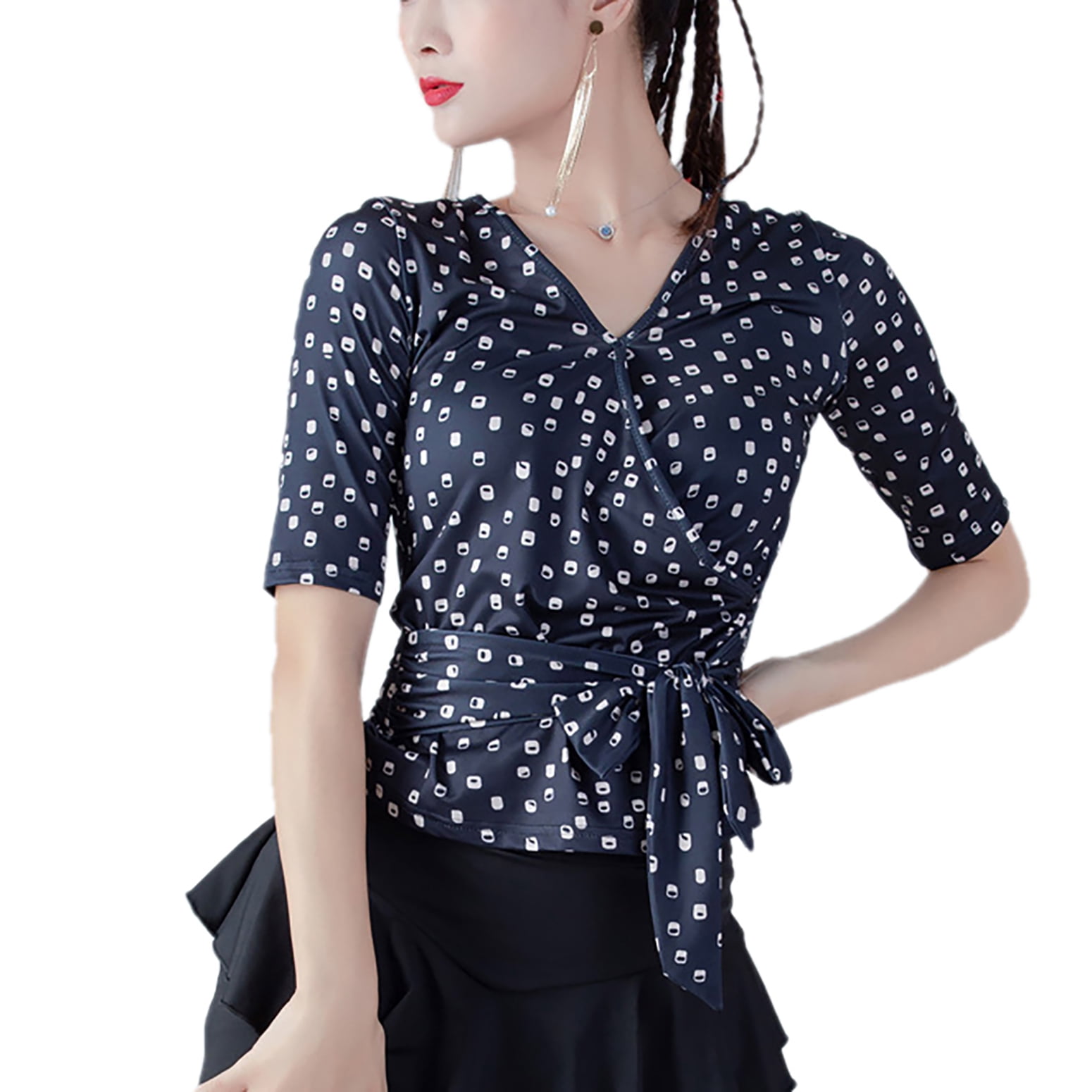 Print V Neck Sleeve Faux Wrap Tie Waist Latin Ballroom Salsa Waltz ...