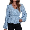 thumbnail image 1 of Print V Neck Wrap Top Lantern Long Sleeve Ruffle Hem Women Floral Print Wrap Blouse for Female Blue Dense Flower XL, 1 of 6