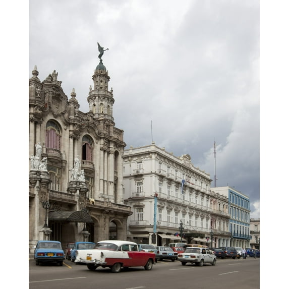 Print: Vintage American Car And Other Buildings On The Del Prado, Palacio