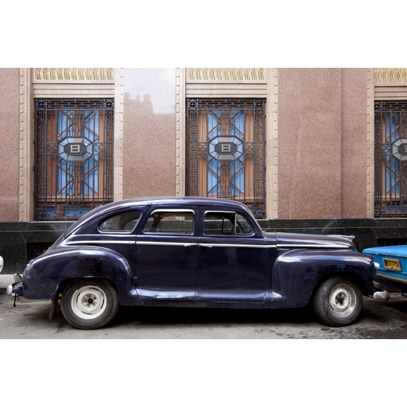 Print: Vintage Car Parked Next To The Barcardi Rum Building In Havana