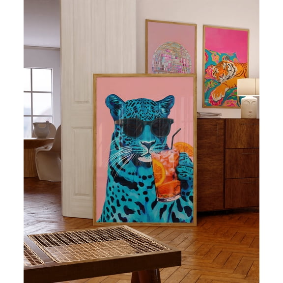 Print Wall Art Blue Leo.Pard With Aperol Maximalist Colorful Dopamine Bar Poster Trendy Kitchen Print Dining Room Decor