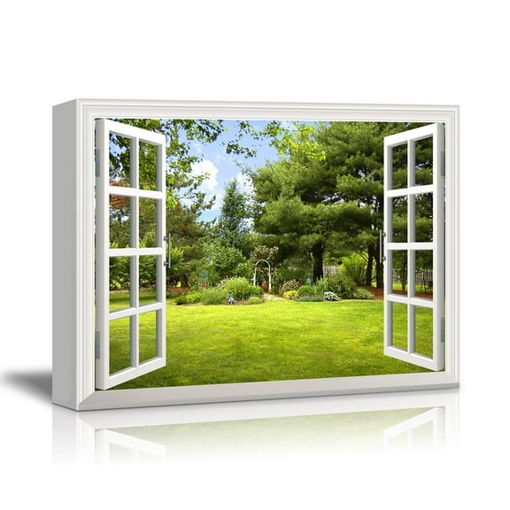 Print Window Frame Style Beautiful Garden Backyard with Green Trees and Clear Blue Sky in Spring Gallery Stretched - Canvas Art Wall Decor - 24" x 36"
