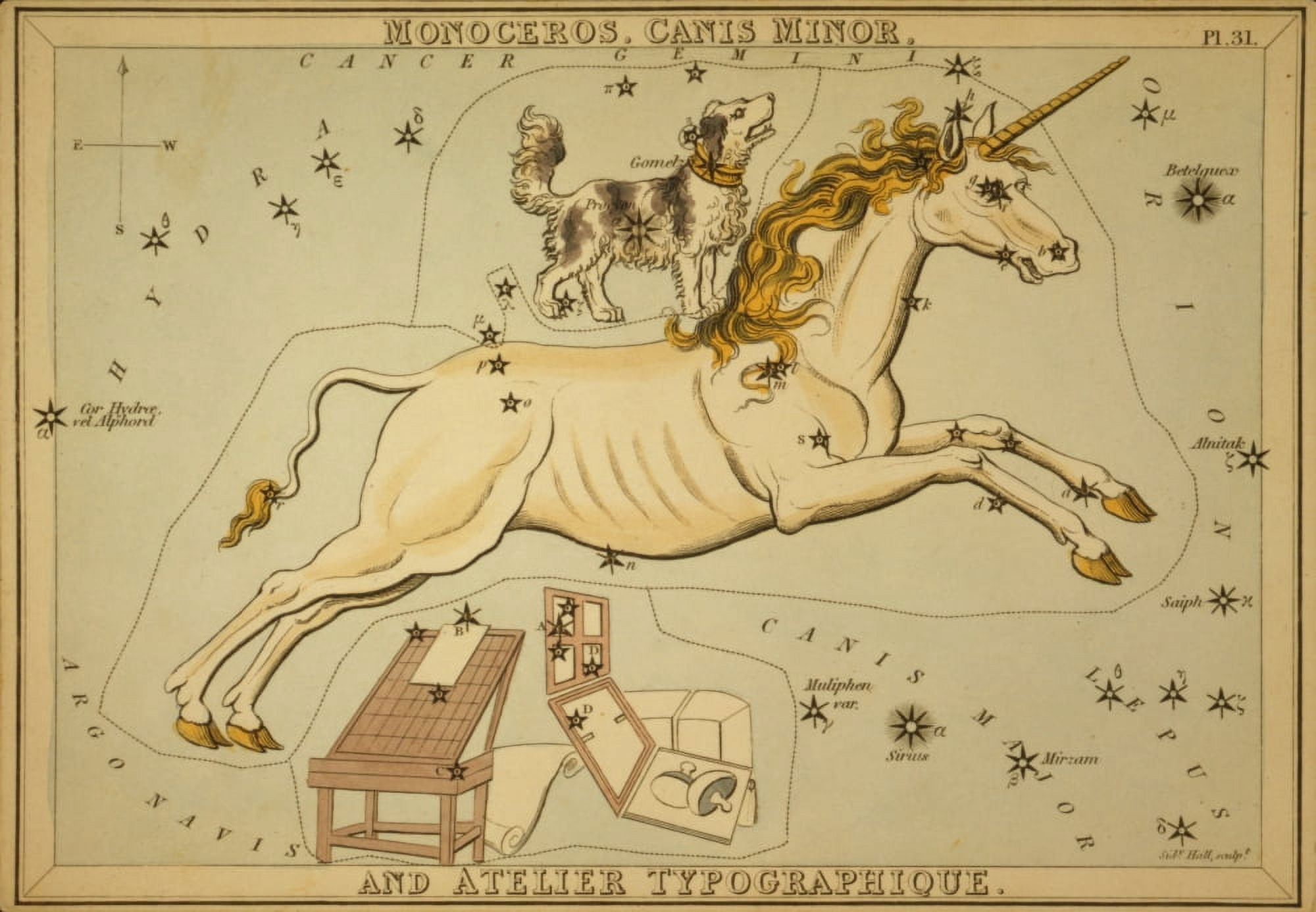 Print c1825 Monoceros Canis Minor Canvas Art - Sidney Hall (24 x 36)
