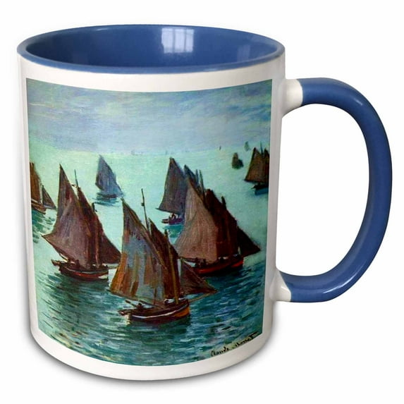 Print of Monet Painting Fishing Boats Calm Sea 11oz Two-Tone Blue Mug mug-203677-6