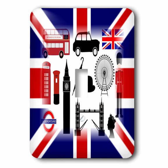 3dRose, Print of UK Flag With British Symbols, single toggle switch