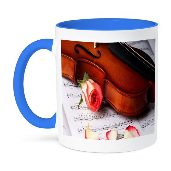3dRose, Print of Violin and Rose On Sheet Music, 15oz Two-Tone Blue Mug
