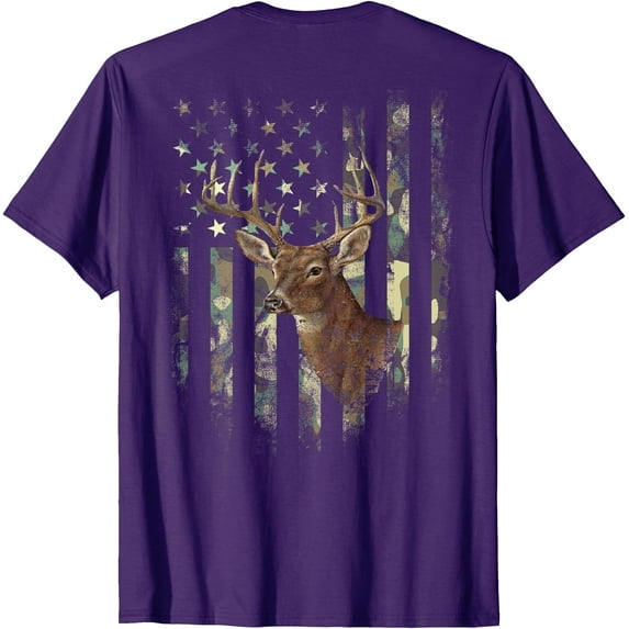 (Print on Back) American Flag Deer Hunting Camo Softstyle Unisex T-Shirt,Purple Color,Size YS