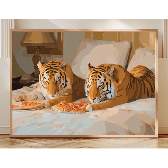 Print of two tigers eating pizza on a bed, decorating a surreal-style bedroom, a whimsical tiger wall art piece, a unique focal point for the home. 8x12 UNFRAMED