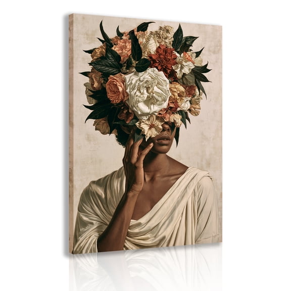 Print of a woman wearing a lush, vintage floral crown; floral print of a Black woman's head; African American painting/Black art poster; decorative frame for living room or bedroom.