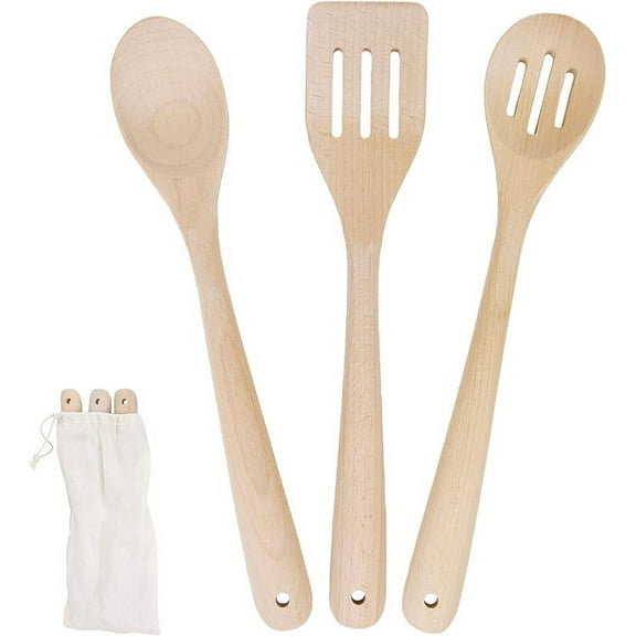 PrintSupremacy Beechwood Personalized Kitchen Utensils, Non Stick Wooden Kitchen Gadget Pan Cookware, Cook Gift Set for Holidays, Engraved Kitchen Stuff (Plain, 3 pcs)