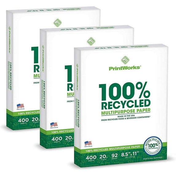 PrintWorks 100% Recycled Multipurpose Paper, 8.5" x 11", 20 lb, White, 1200 Sheets