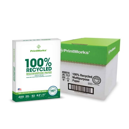 PrintWorks 100% Recycled Multipurpose Paper, 8.5" x 11", 20 lb, White, 2400 Sheets