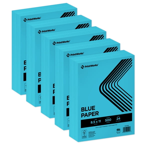 PrintWorks Premium Bright Blue Colored Paper 8.5" x 11" - 24 lb/89 gsm - 2500 Sheets - Made in the USA - FSC® Certified - Acid-Free & Fade-Resistant - Printer Compatible (00102C)