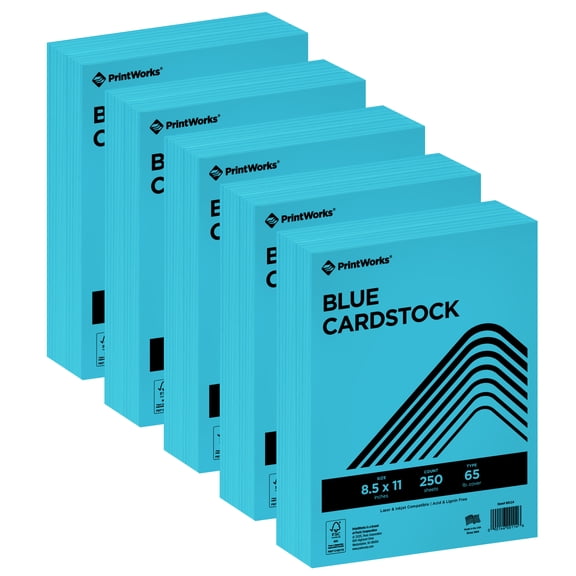 PrintWorks Bright Blue Colored Cardstock 8.5” x 11” - 65 lb/176 gsm - 1250 Sheets - Made in the USA - FSC® Certified - Acid-Free & Fade-Resistant - Printer & Cut Machine Compatible (00114)