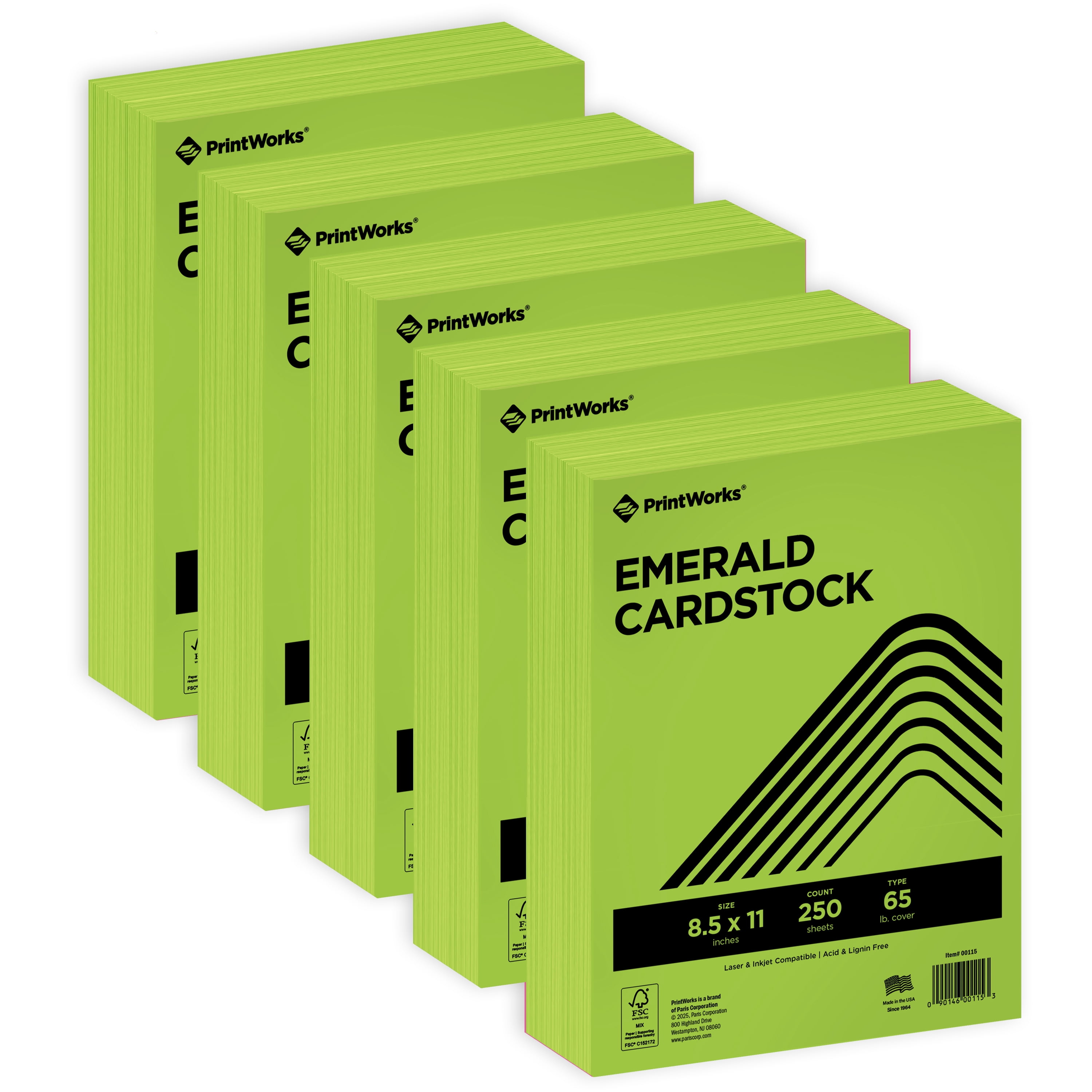 PrintWorks Bright Emerald Green Colored Cardstock 8.5” x 11” - 65 lb/176 gsm - 1250 Sheets - Made in the USA - FSC® Certified - Acid-Free & Fade-Resistant - Printer & Cut Machine Compatible (00115)