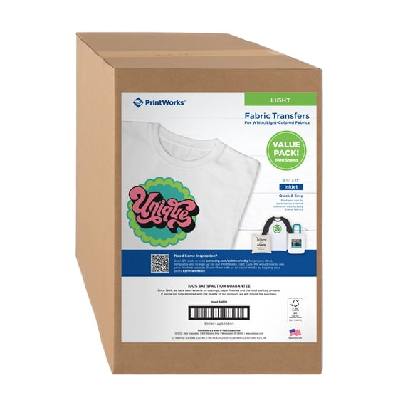 PrintWorks Bulk T-Shirt Transfer for Use on White Fabrics Only, for Inkjet Printers, 1900 Sheets, 8.5” x 11”