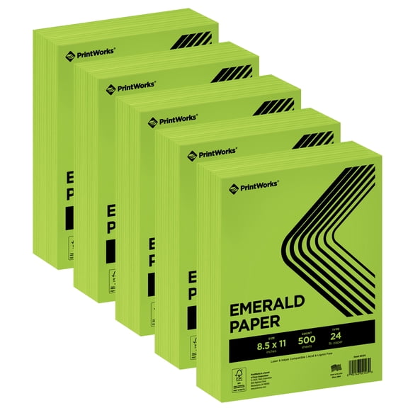 PrintWorks Premium Bright Emerald Green Colored Paper 8.5" x 11" - 24 lb/89 gsm - 2500 Sheets - Made in the USA - FSC® Certified - Acid-Free & Fade-Resistant - Printer Compatible (00103)