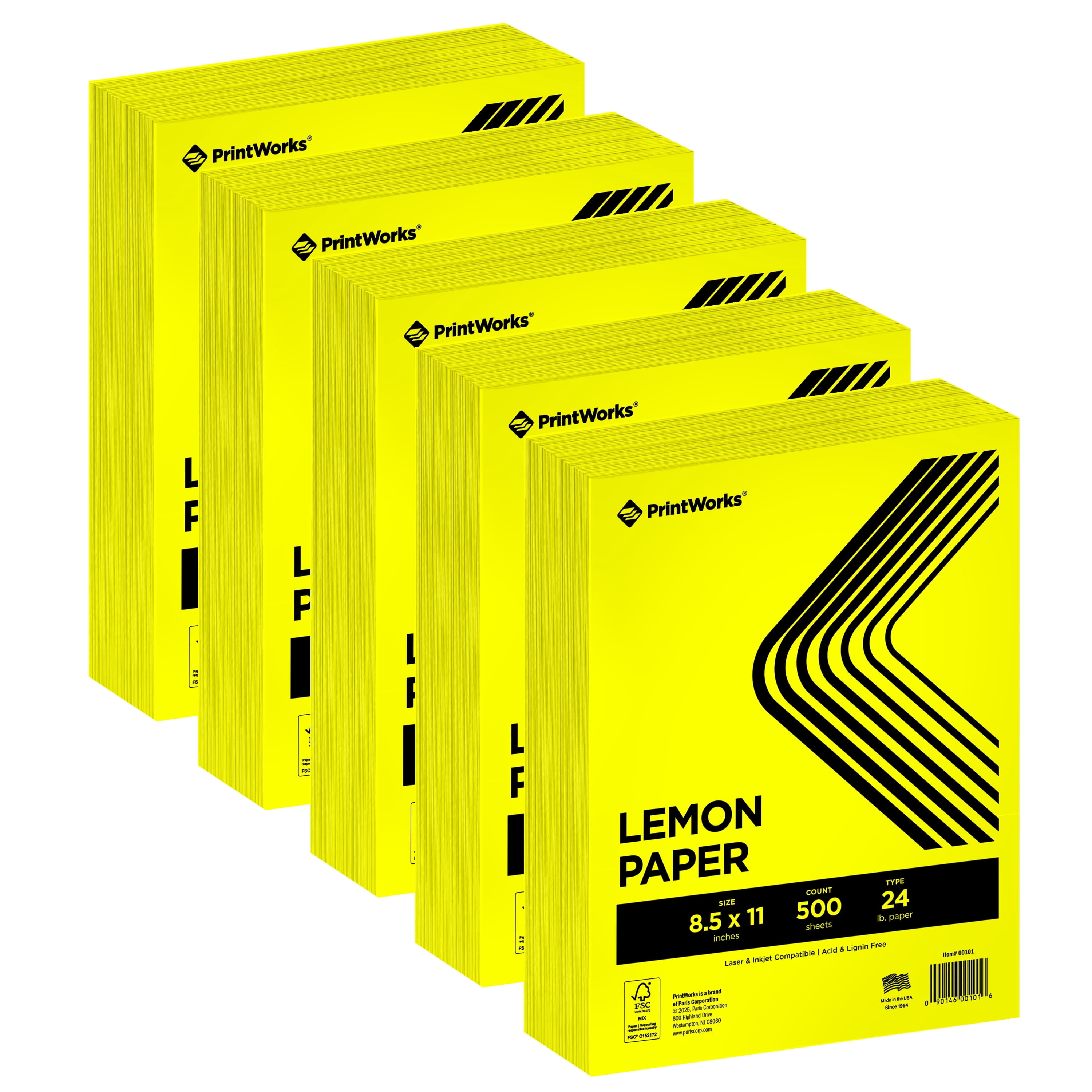 PrintWorks Premium Bright Lemon Yellow Colored Paper 8.5" x 11" - 24 lb/89 gsm - 2500 Sheets - Made in the USA - FSC® Certified - Acid-Free & Fade-Resistant - Printer Compatible (00101)