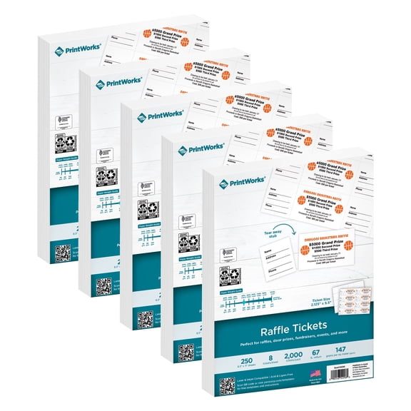 PrintWorks Printable Raffle Tickets With Tear-Away Stubs for Events & Fundraisers - 10000 Custom Tickets (Size 2.125" x 5.5") - 8 per Sheet - 1250 Sheets (8.5" x 11") - Made in the USA -White(04296C)