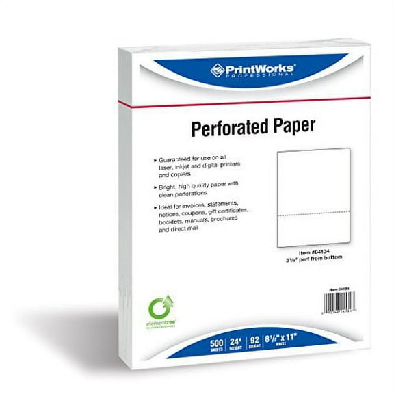 PrintWorks Professional Perfoated Paper for Statements, Invoices, Gift Certificates, Coupons and More, 8.5 x 11, 24 lb, 1 Horizontal Perf 3 5/8" From Bottom, 500 Sheets, White (04134)