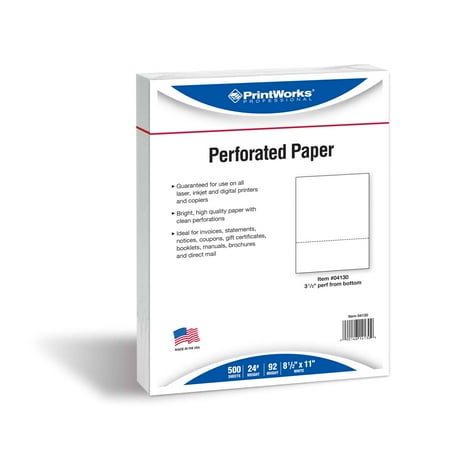 PrintWorks Professional Perforated Paper, Horizontal Perf 3 1/3" from Bottom, 8.5" x 11", 24 lb, White, 500 Sheets
