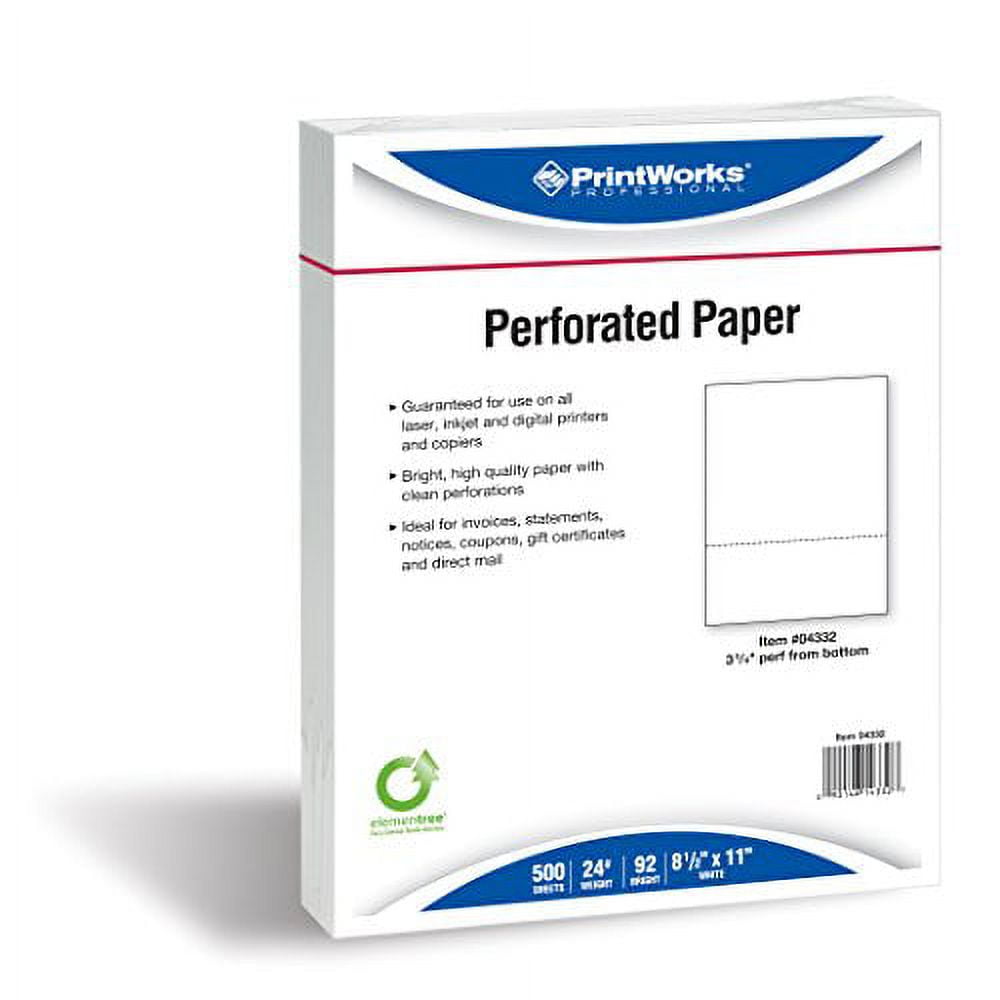 PrintWorks Professional Perforated Paper for Statements, Invoices, Gift Certificates, Coupons and More, 8.5 x 11, 24 lb, 1 Horizontal Perf 3 3/4" From Bottom, 500 Sheets, White (04332)