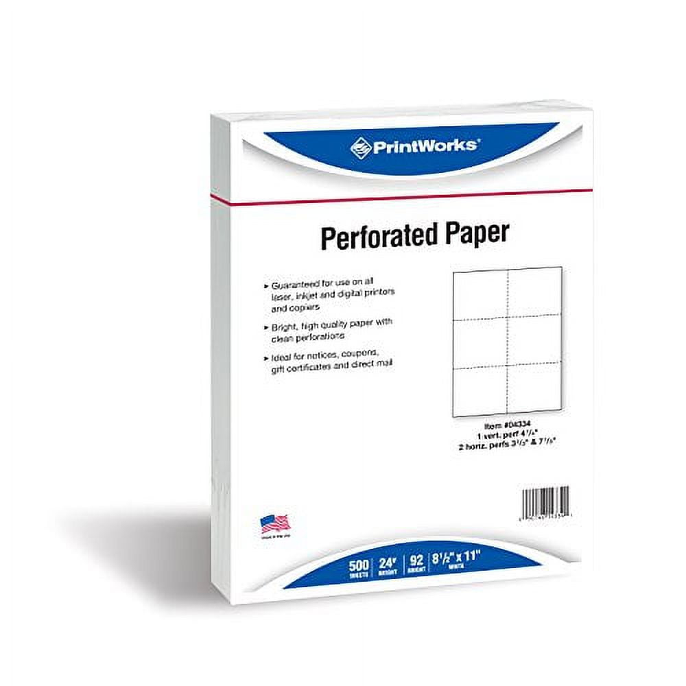 PrintWorks Professional Perforated Paper for Tickets, Coupons, Certificates and More, 8.5 x 11, 24 lb, 3 Perfs - 3 2/3" and 7 1/3" From Bottom & 4 1/4" From Left, 500 Sheets, White (04334)