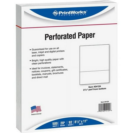 PrintWorks Professional Pre-Perforated Paper for Invoices, Statements, Gift Certificates More - Letter - 8 1/2" x 11" - 20 lb Basis Weight - Smooth - 500 / Ream - Perforated | Bundle of 5 Reams
