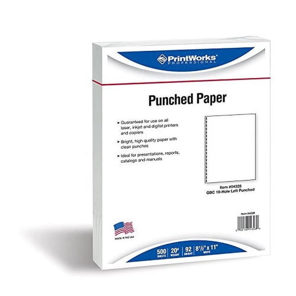 PrintWorks Professional Prepunched Paper, 8.5 x 11, 20, GBC CombBind 19-Hole Punched Report & Presentation Paper, 500 Sheets, White (04328)