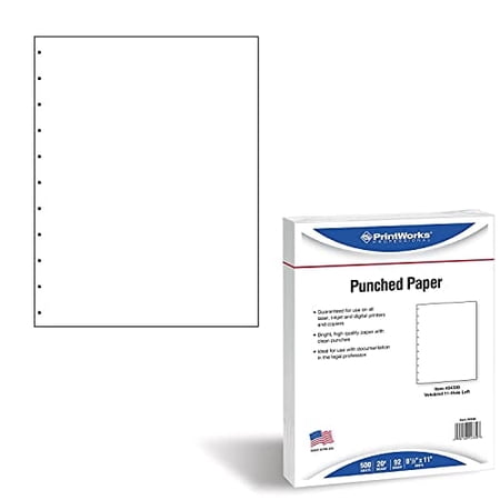 PrintWorks Professional Prepunched Paper, 8.5 x 11, 20 lb., Velobind 11 Pin or Velobind 4 Pin Report & Presentation Paper, 500 Sheets, White (04330)