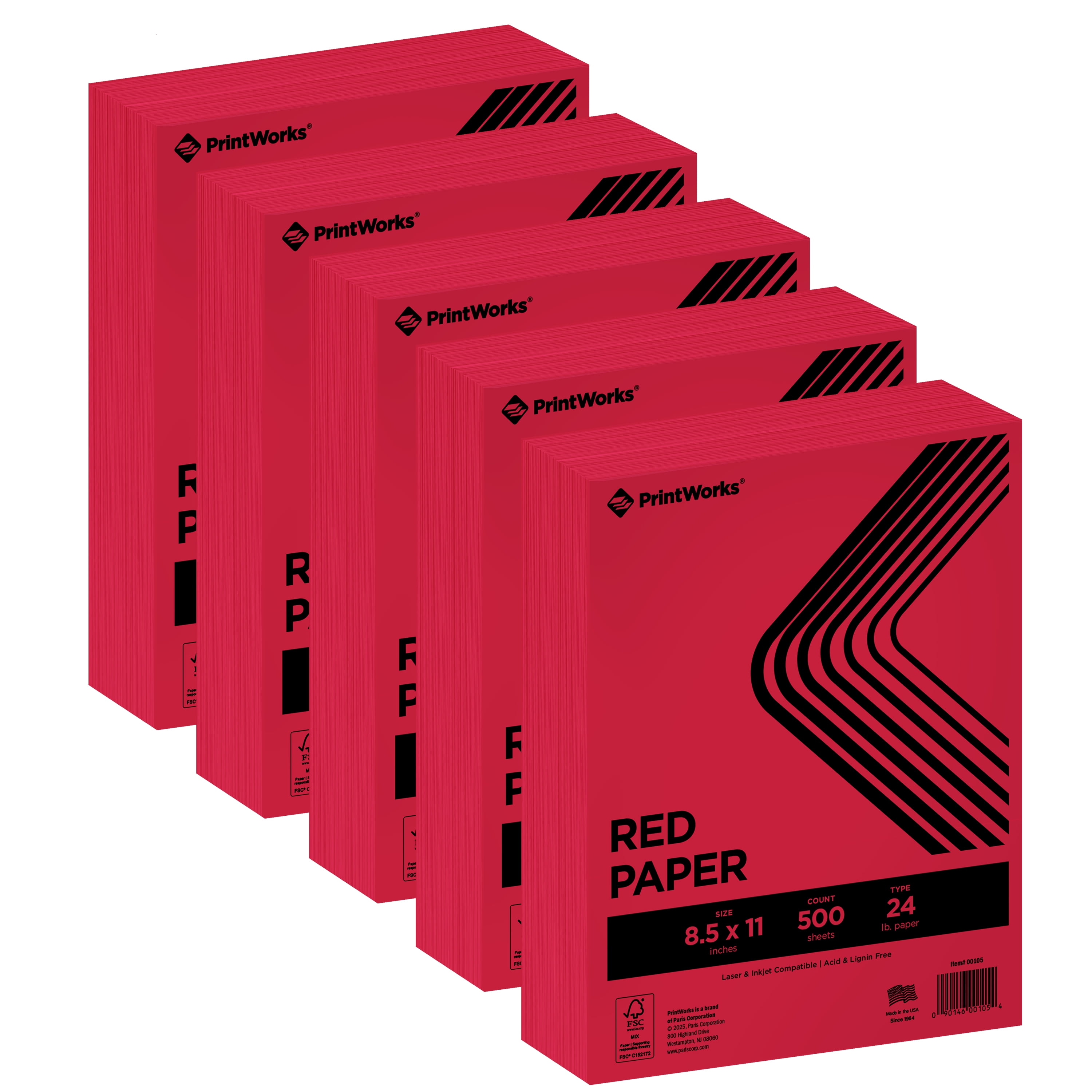 PrintWorks Premium Bright Red Colored Paper 8.5" x 11" - 24 lb/89 gsm - 2500 Sheets - Made in the USA - FSC® Certified - Acid-Free & Fade-Resistant - Printer Compatible (00105)