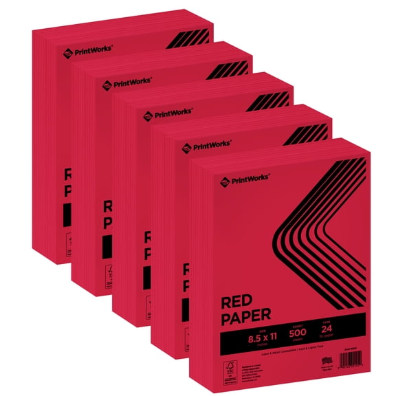 PrintWorks Premium Bright Red Colored Paper 8.5" x 11" - 24 lb/89 gsm - 2500 Sheets - Made in the USA - FSC® Certified - Acid-Free & Fade-Resistant - Printer Compatible (00105)