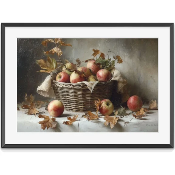 Printable Apple Basket Painting, Vintage Fruit Wall Art, Rustic Autumn Kitchen, Matte Canvas Stretched, Posters for Room Bedroom Living Room Bathroom Wall Decor, Posters & Art Prints, Gift.